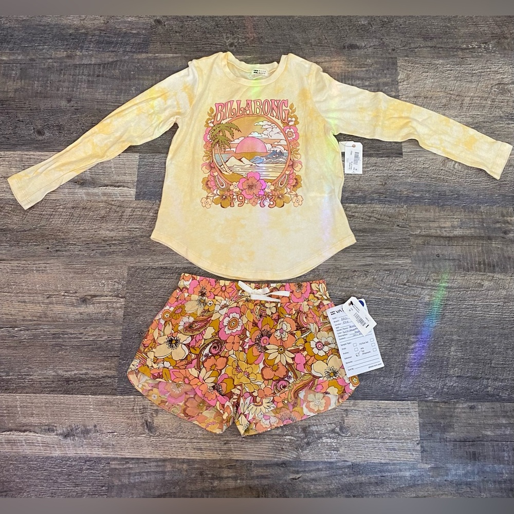 BRAND NEW w/tags! Billabong Yellow Long Sleeve Shirt and Floral Shorts Set
